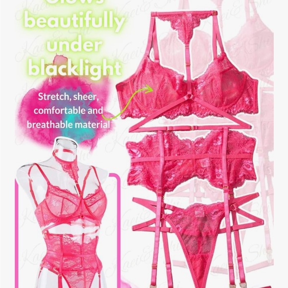 Neon Pink Lace 4 Piece Lingerie Set with Choker and Garters. - Picture 6 of 7